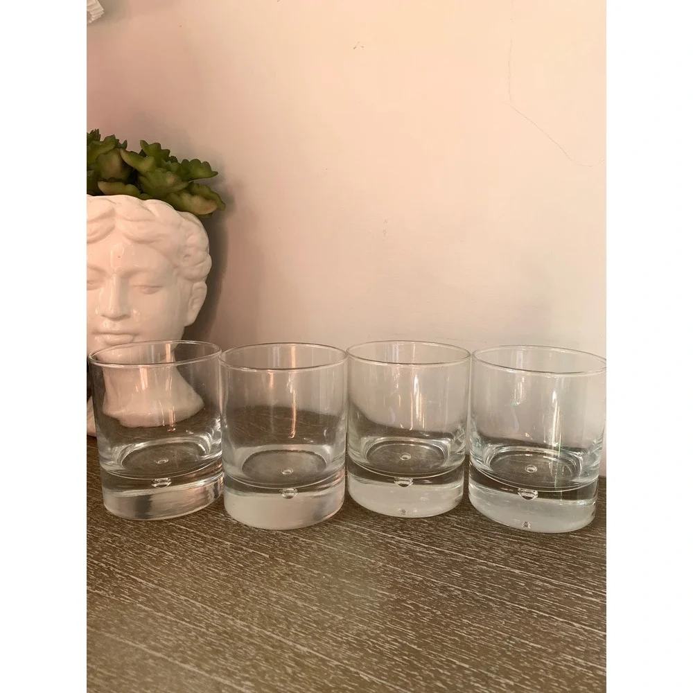 Set of 4 Bubble Base Whiskey Glasses Clear Glass Rocks Lowball Tumblers 4in